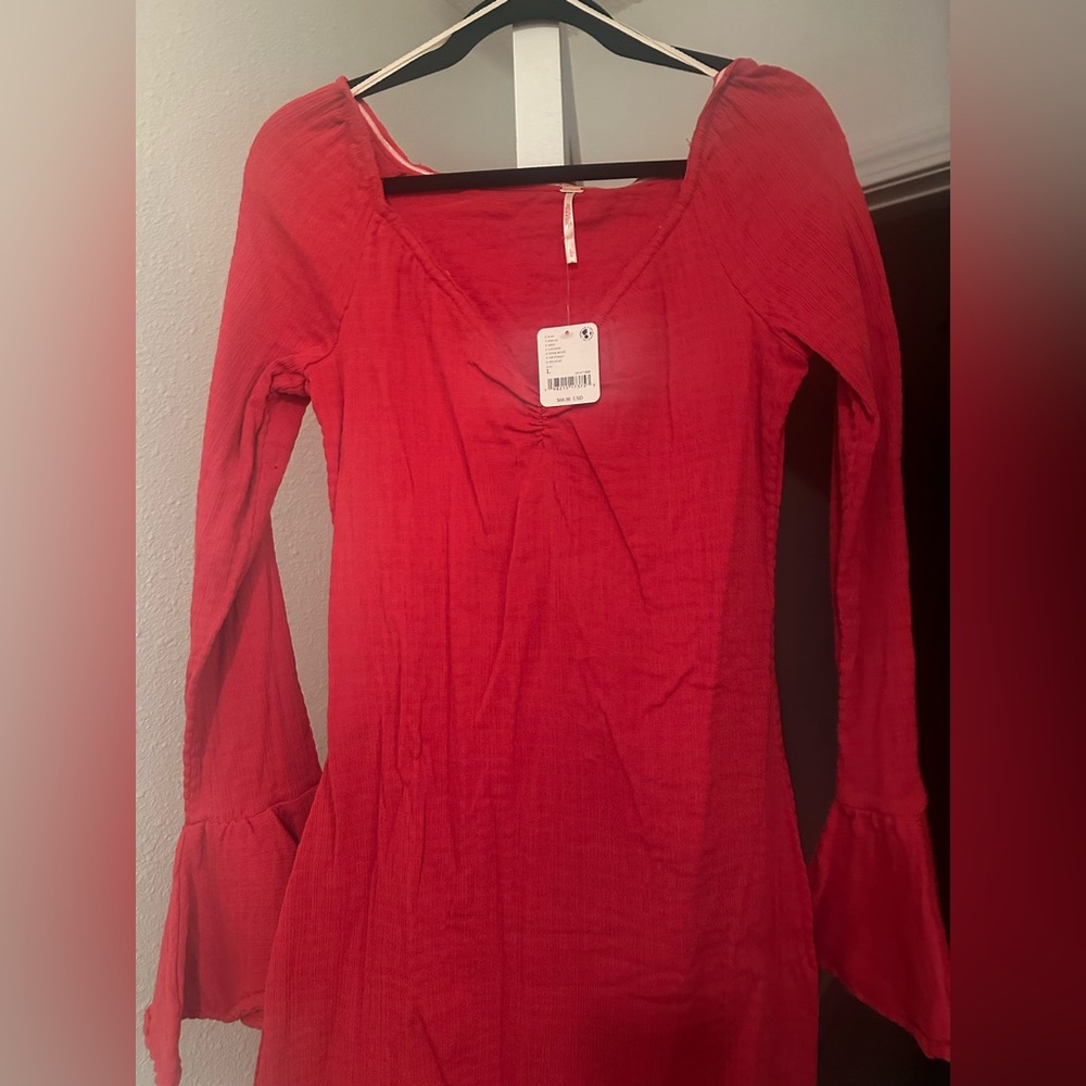 Free People Like to Party- Red Bell Sleeve Dress